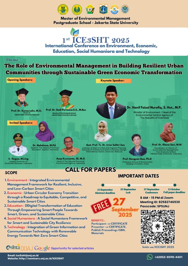 Program Magister Manajemen Lingkungan UNJ gelar ICE3SHT 2025. Konferensi internasional ini bahas peran manajemen lingkungan dalam membangun kota tangguh dan berkelanjutan, lengkap dengan peluang publikasi ilmiah.