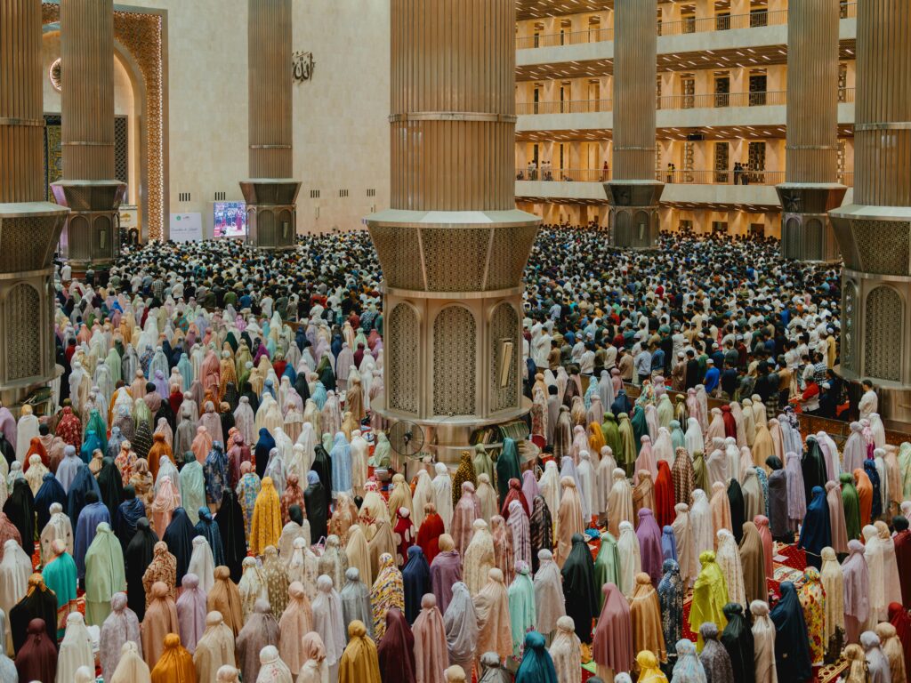 Thousands of Muslims gather for prayer inside the Istiqlal Mosque, Jakarta.
