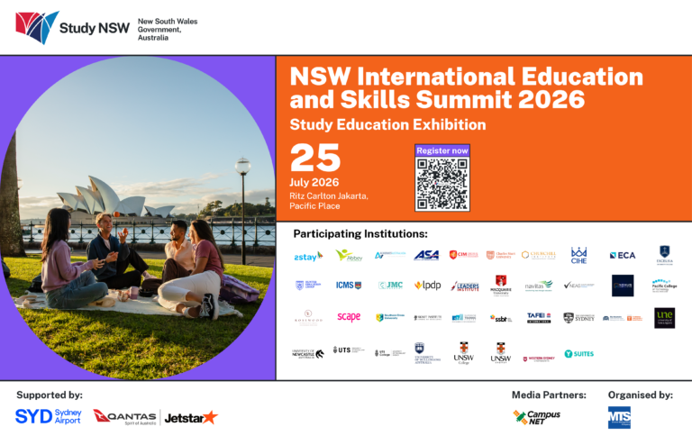 Ingin melanjutkan studi ke Australia? Study NSW Education Exhibition 2026 menjadi kesempatan untuk menjelajahi berbagai pilihan pendidikan, beasiswa, dan prospek karier langsung dari institusi-institusi terkemuka New South Wales (NSW), Australia.